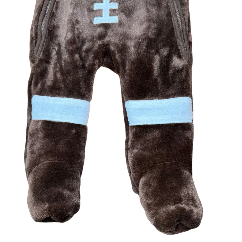 Baby‎ Football Fleece Hooded Bunting Snowsuit Brown Blue Cozy Plush 3-6 Months